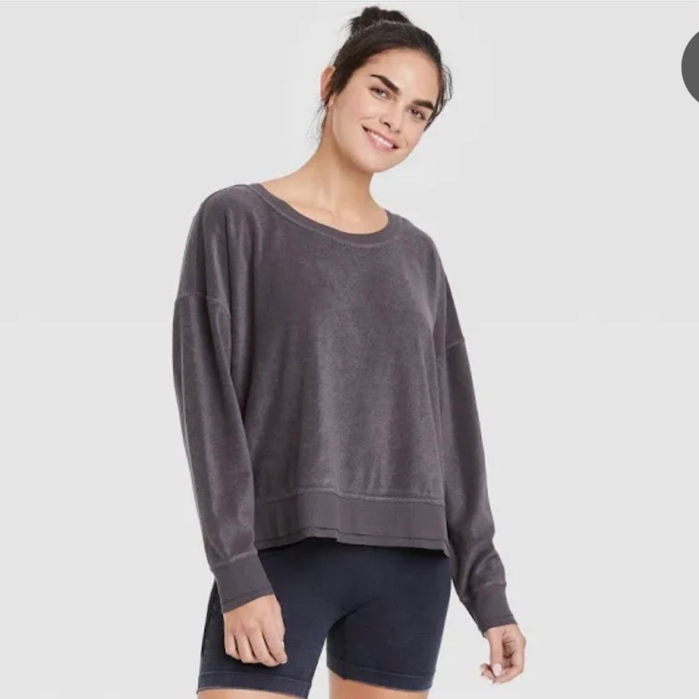 Women's JoyLab Terry Cloth Open Back Pullover Sweatshirt NWT in Asphalt